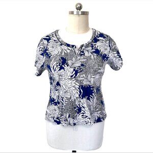 Rafaella - Blue, Black, White Mixed Cheetah Floral Chintz Print Cotton Tee Shirt